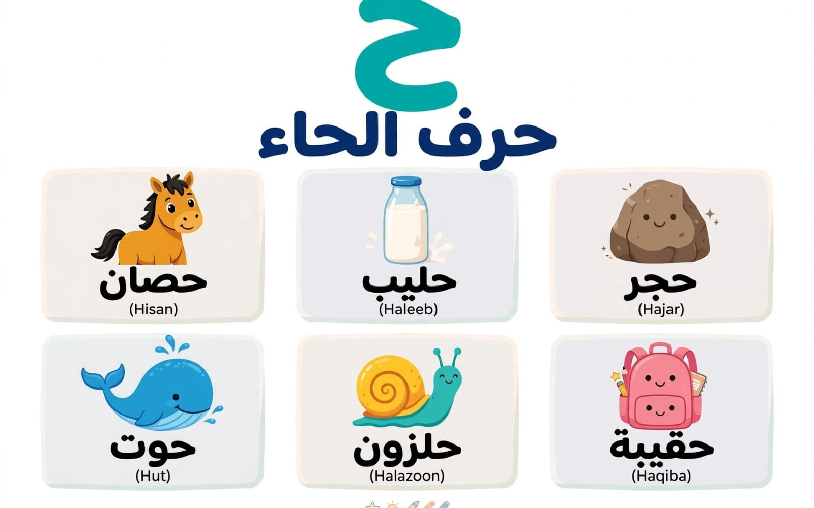 بطاقة تعليمية لحرف الحاء مع صور حيوان وأشكال وكلمات مثل حِصان وجُدَر وعناصر بصرية ملونة