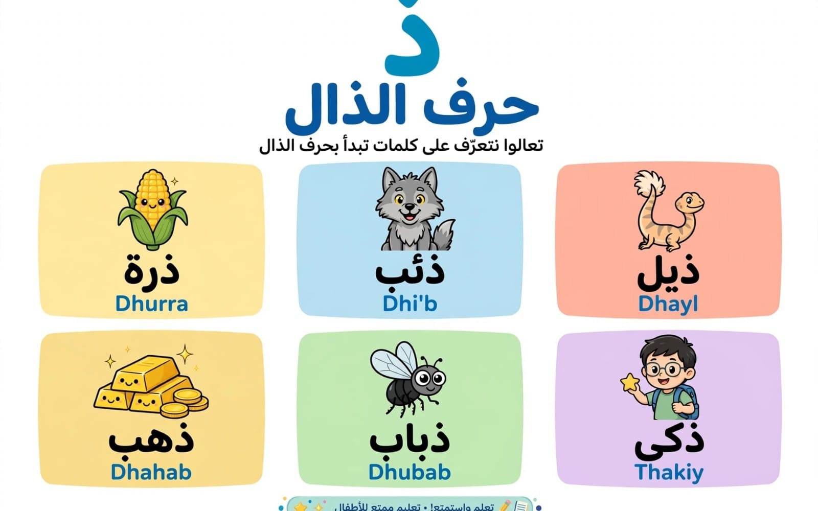 بطاقات تعليمية للأطفال تعرض حرف الذال وكلمات عربية مثل ذرة وذيب وذهب