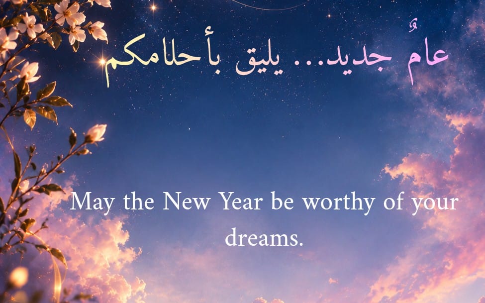 تصميم بطاقة تهنئة رقمية فخمة للعام الجديد 2027 بخلفية سماء ليلية وعبارات عربية وزخارف ذهبية وورود