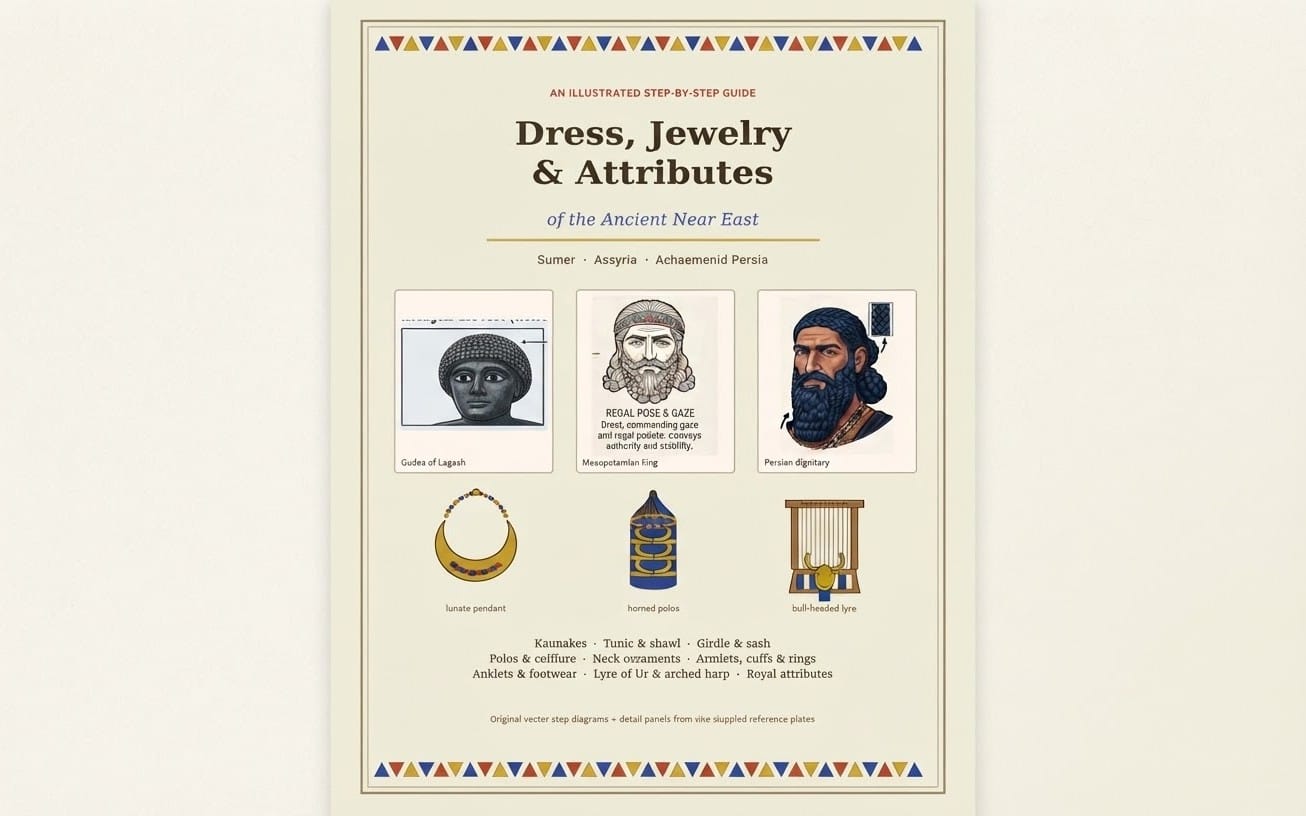 Cover of an illustrated step-by-step guide ebook about Ancient Near East dress, jewelry, and attributes with character