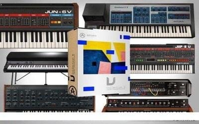 Collage of multiple music keyboards and a boxed screen mockup for a professional original VST audio plugin