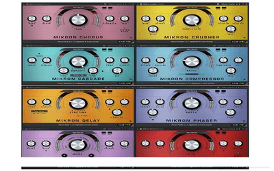 Collage of multicolor interface panels for a set of original VST audio effects plugins for any DAW