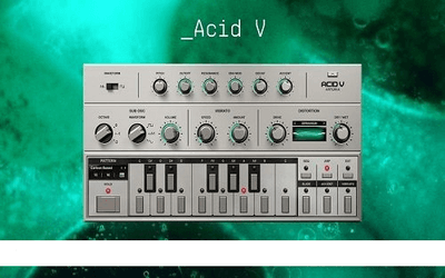 Acid V VST synthesizer plugin interface on a green abstract background, professional digital audio software