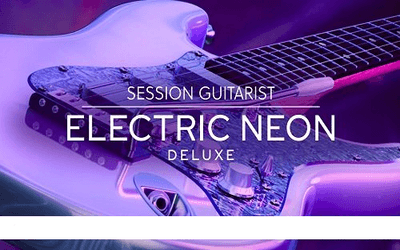 Cover art for an original music library featuring a neon electric guitar and the text session guitarist electric neon