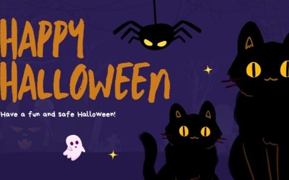 Halloween-themed Canva presentation slide design with cute cats, spider, and editable Happy Halloween text
