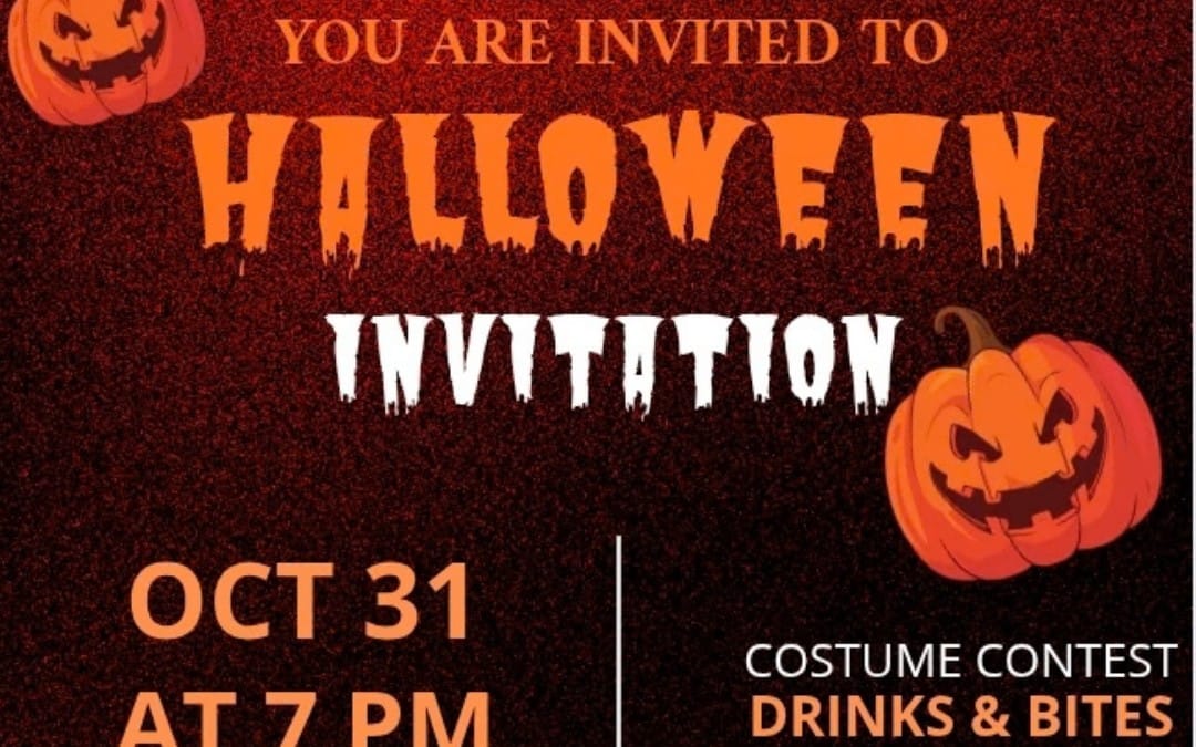 Halloween party invitation Canva template with spooky typography, jack-o-lanterns, and event details