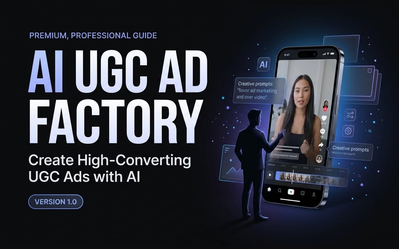 Promotional banner for AI UGC Ad Factory 1.0 showing smartphone mockup and woman creating ad prompts