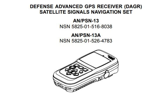 Black handheld Defense Advanced GPS Receiver DAGR satellite navigation set diagram with control panel and screen