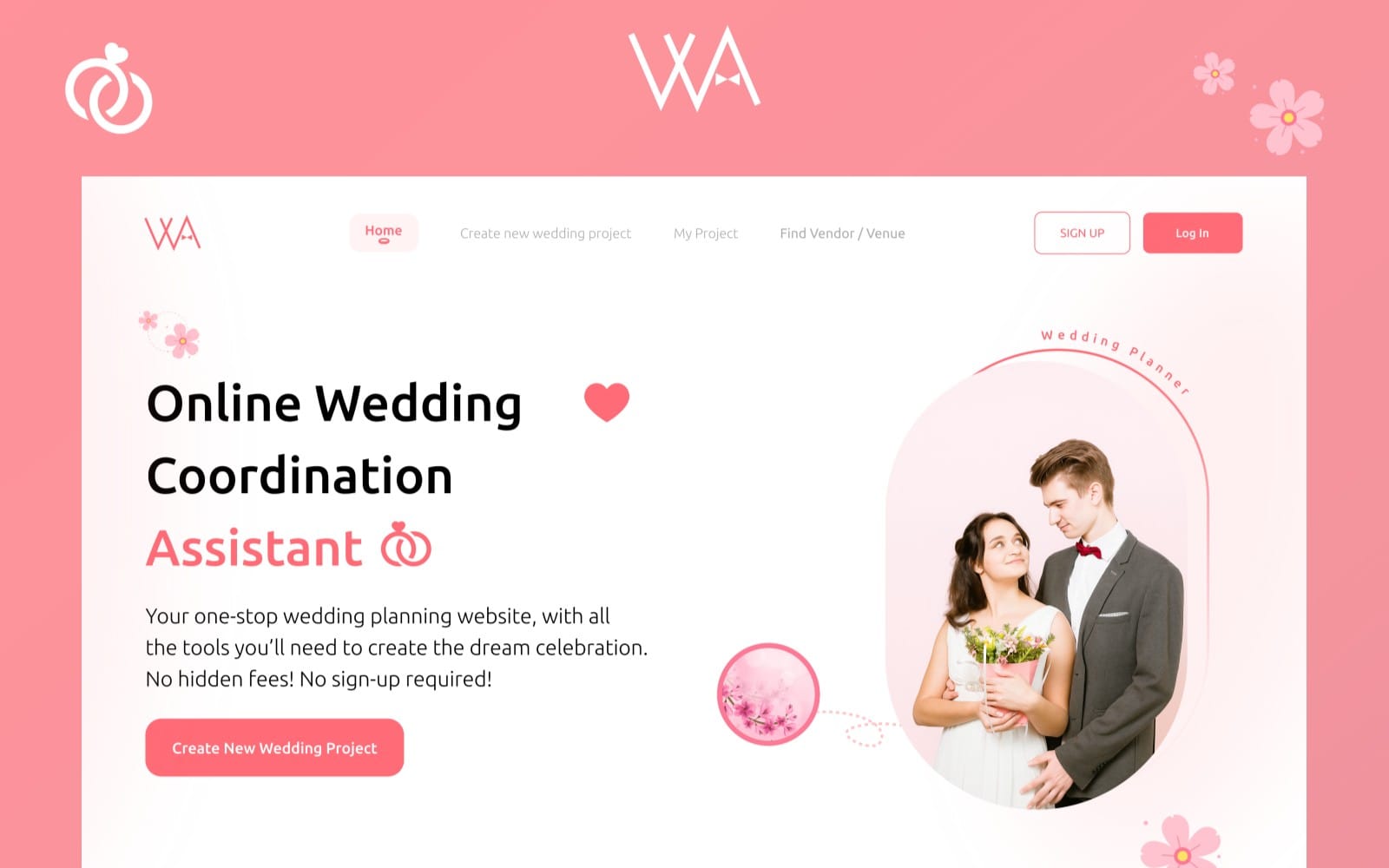Wedding planning assistant web app UI with sign-up buttons, hero section text, and couple photo mockup in pink theme