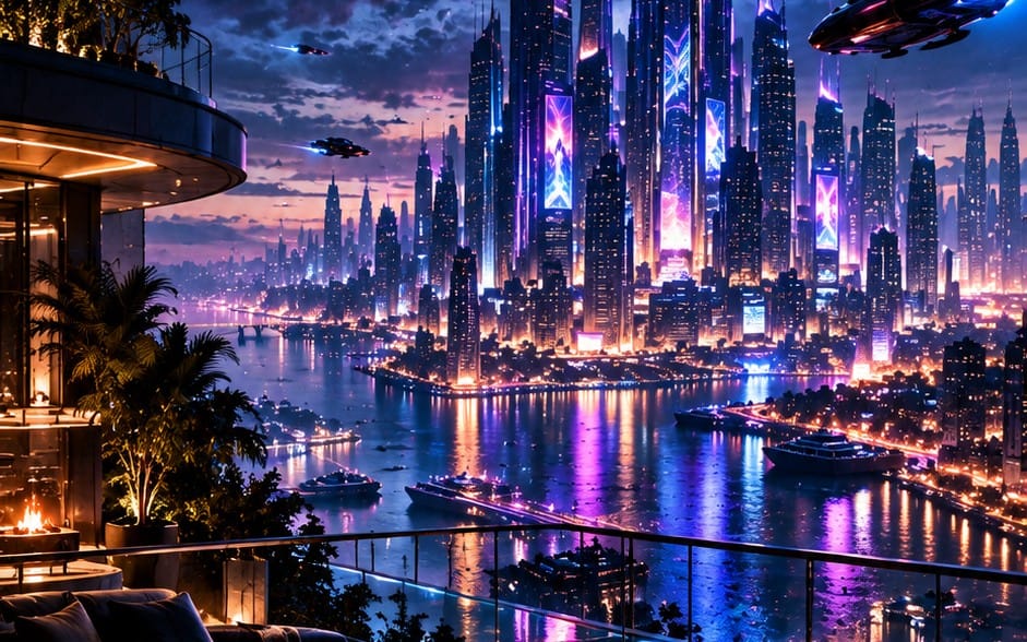 Neon city skyline at night with glowing skyscrapers and river lights for an AI prompt social media content toolkit cover