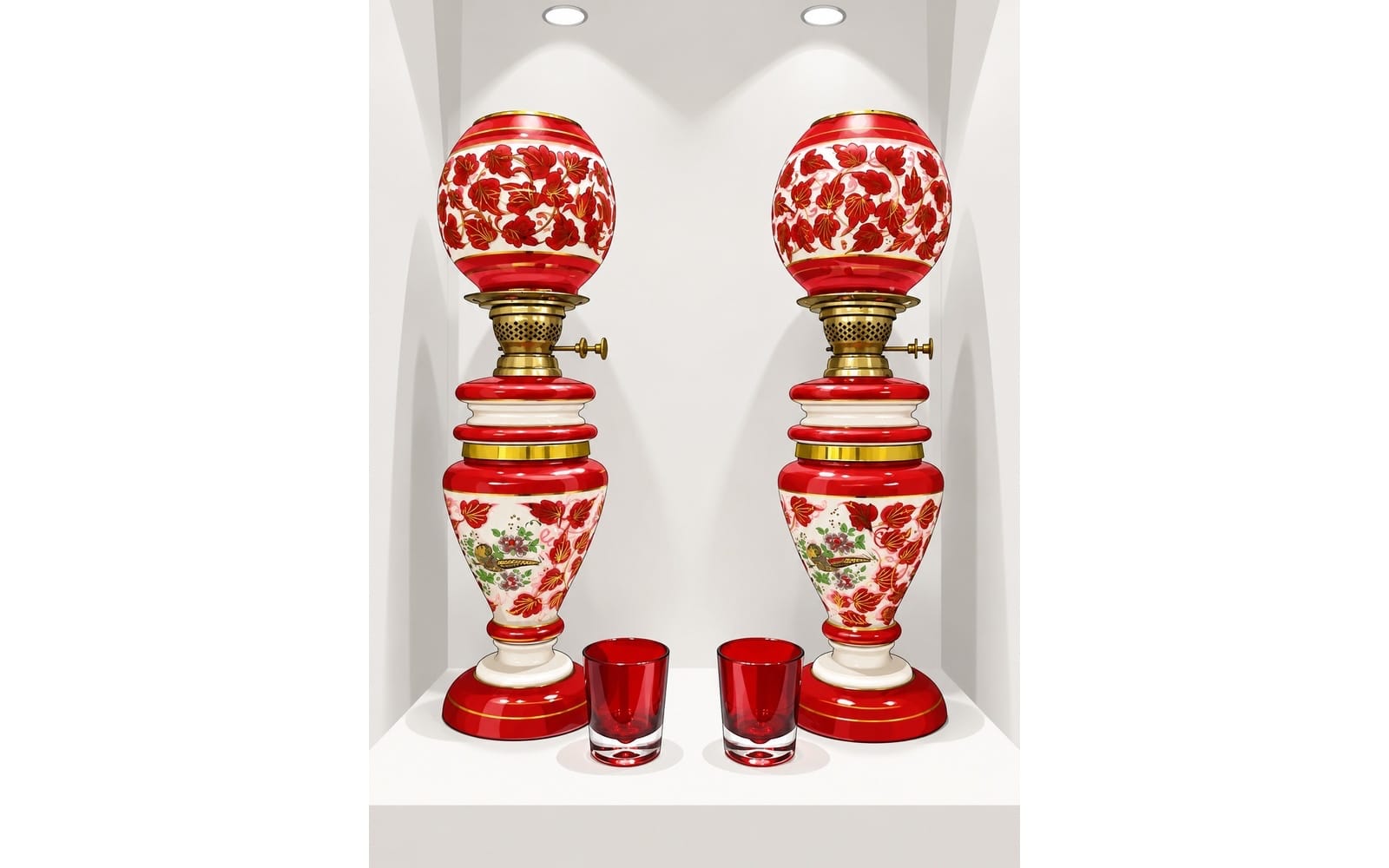 Pair of modern decorative lamps with red and gold floral-pattern glass shades and brass bases