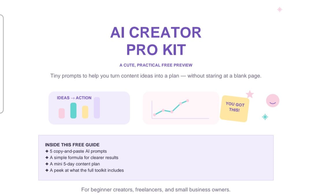 AI Creator Pro Kit digital guide preview with purple title, content plan graphics, and bullet list of included prompts