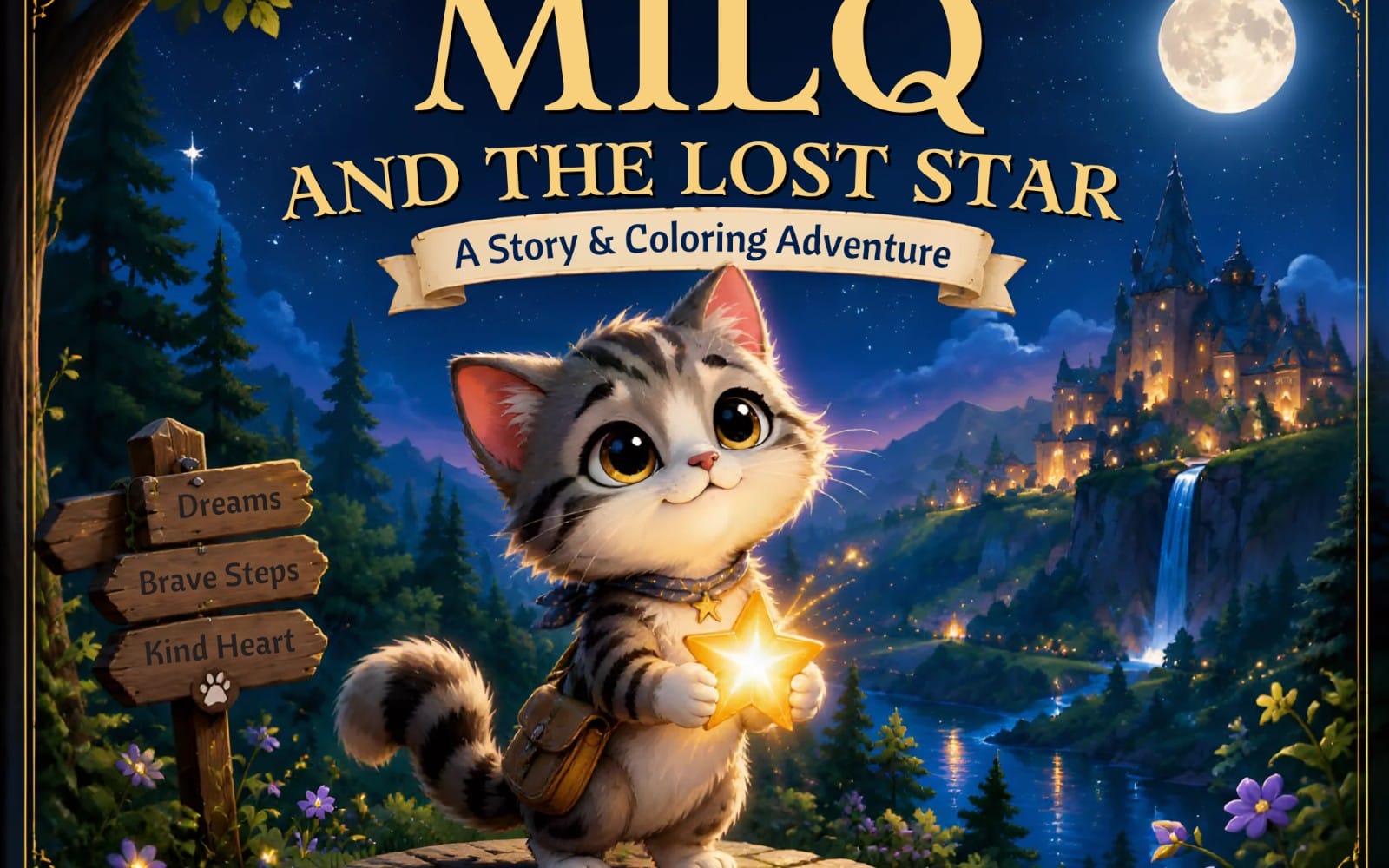 Cartoon kitten holding a glowing star on a night castle landscape with “Milo and the Lost Star” story coloring book