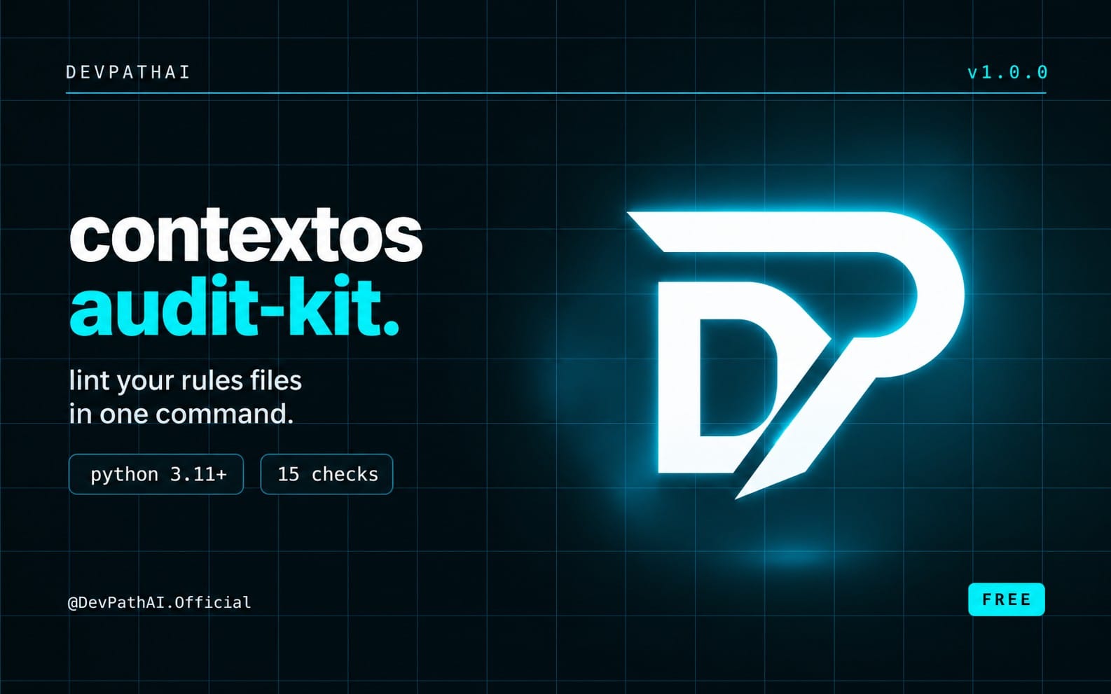 ContextOS Audit-Kit promotional banner with DevPathAI logo, version text, and neon code-themed background graphics