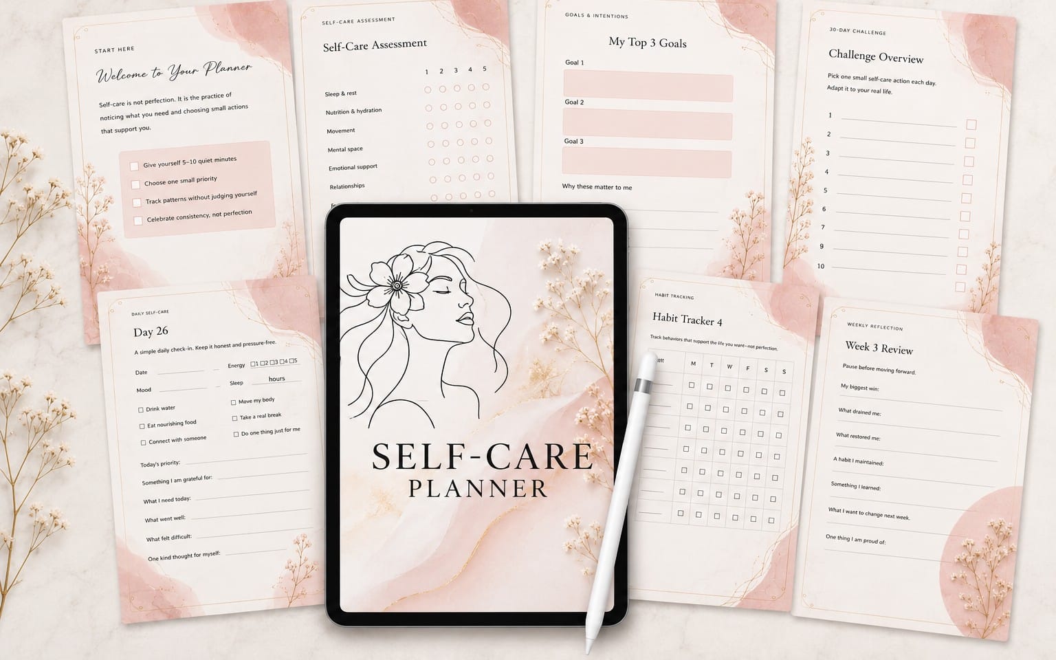 Printable 100-day self-care and wellness planner PDF pages on a desk with habit tracker and reflection sheets