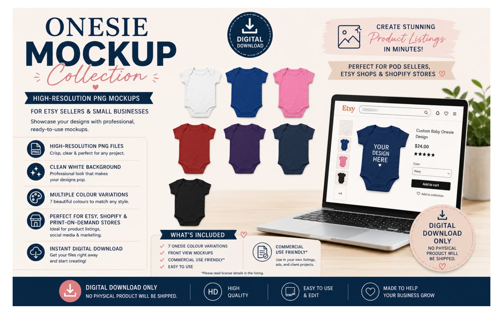 Onesie Mockup Collection | 7 Colors High-Resolution PNG | Etsy & POD Ready