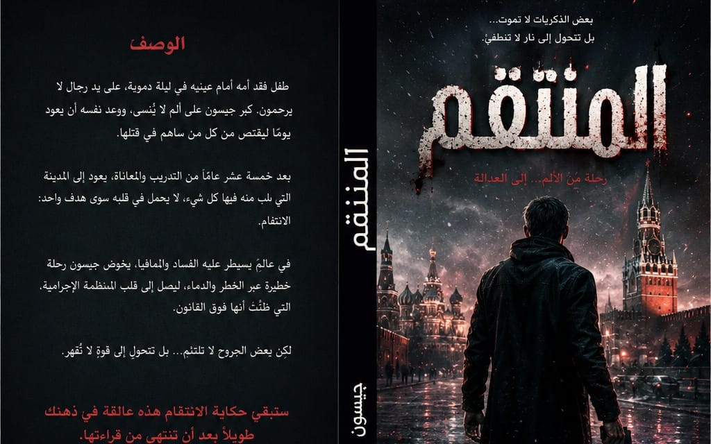 غلاف كتاب بعنوان المنتقم مع رجل يسير أمام قلعة ومدينة روسية ونص ملهم على خلفية مظلمة