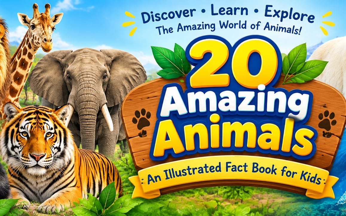 Cover of 20 Amazing Animals kids illustrated fact book with giraffe, elephant, tiger, jungle leaves, and big number 20