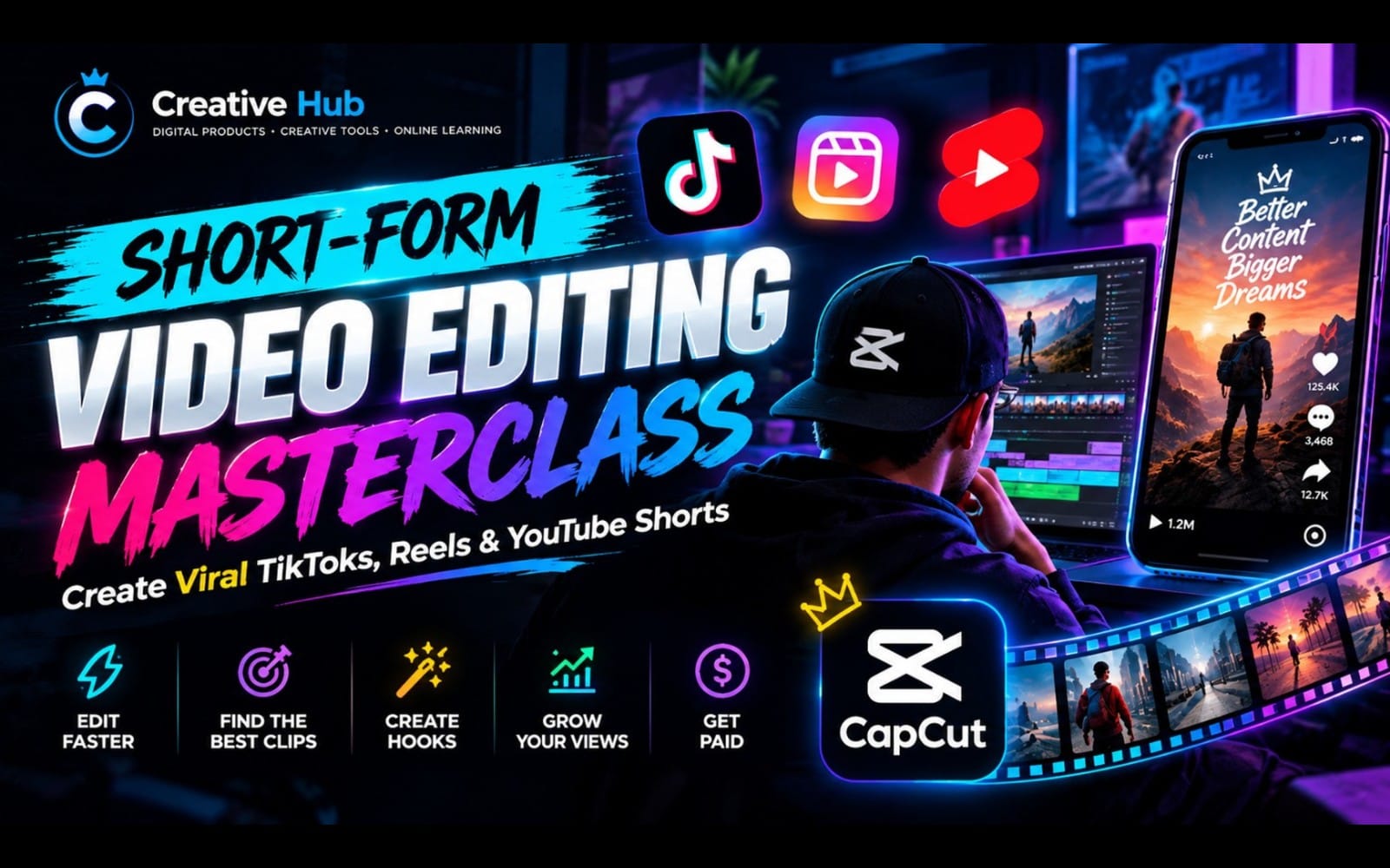 Digital video editing masterclass banner for creating viral short-form TikToks, Reels, and YouTube Shorts with CapCut