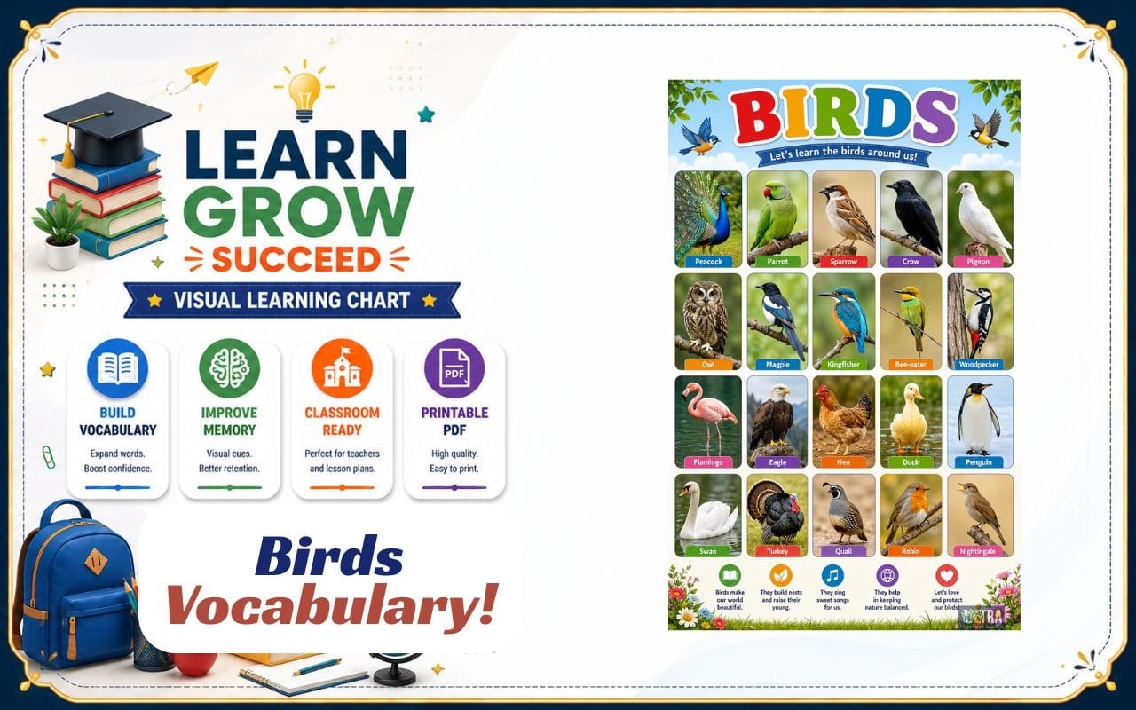 Colorful Birds Poster – Printable Bird Vocabulary Chart for Preschool, Kindergarten, Homeschool & ESL Learning
