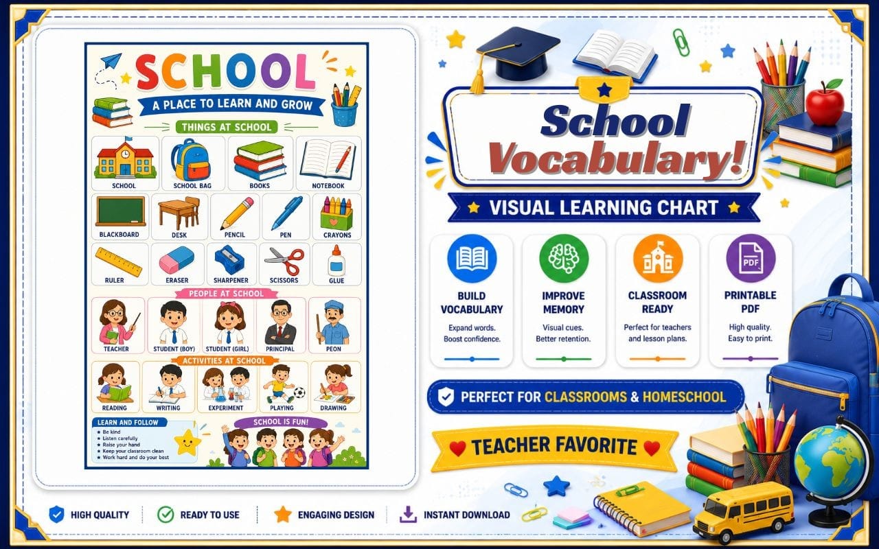 School Vocabulary Chart | Educational Classroom Wall Poster for Kids Learning