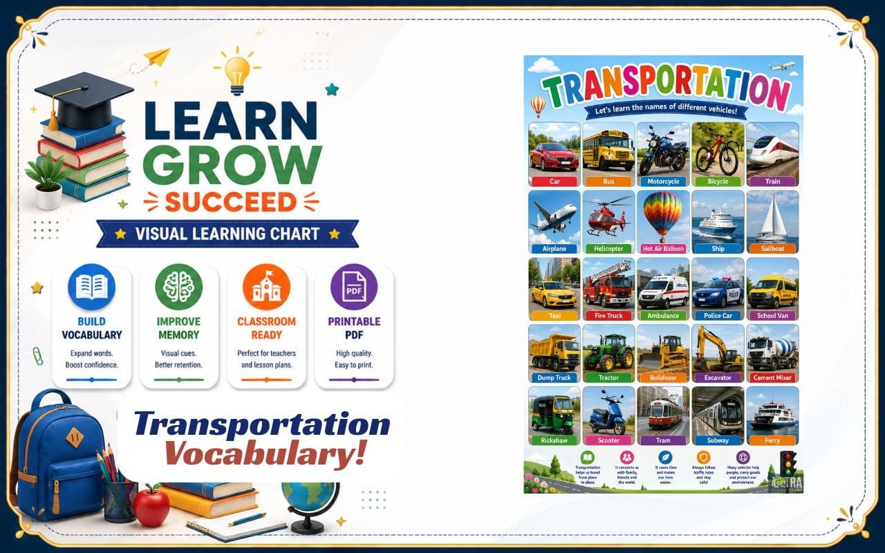 Transportation Vocabulary Poster – Printable Land, Air & Water Transport Learning Chart for Preschool, Kindergarten & ESL