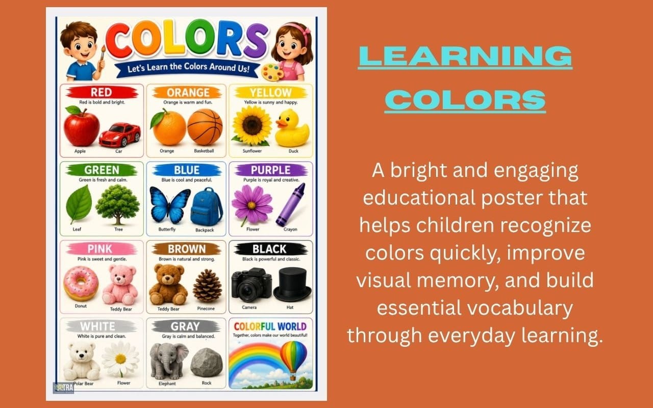 Colors Learning Poster | Printable Color Recognition Chart for Preschool, Kindergarten & Homeschool | Educational Classroom Decor