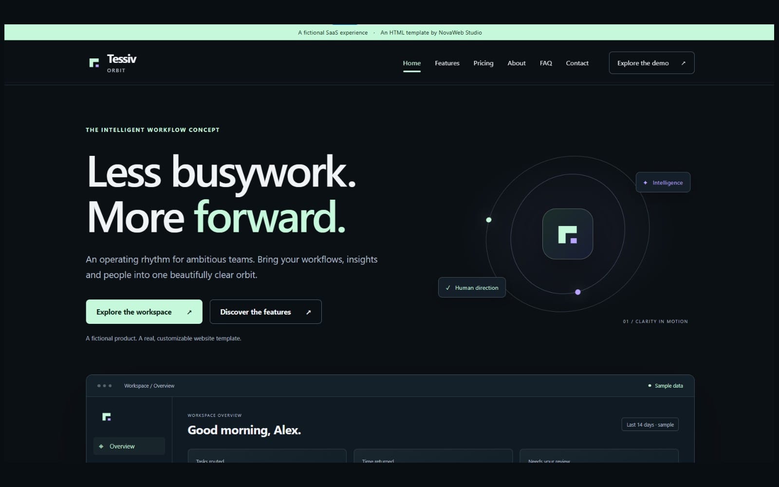 Tessiv Orbit premium 6-page SaaS and AI startup HTML template homepage screenshot with dark hero section and dashboard