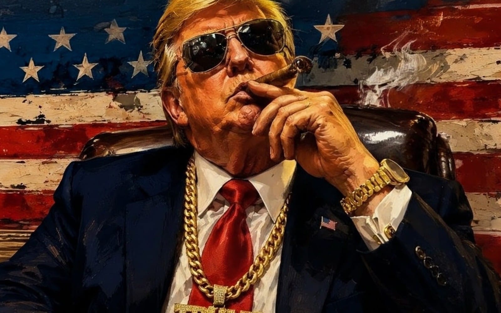 Stylized illustration of a suited man with sunglasses, tie, chains, and a hand to chin before the American flag
