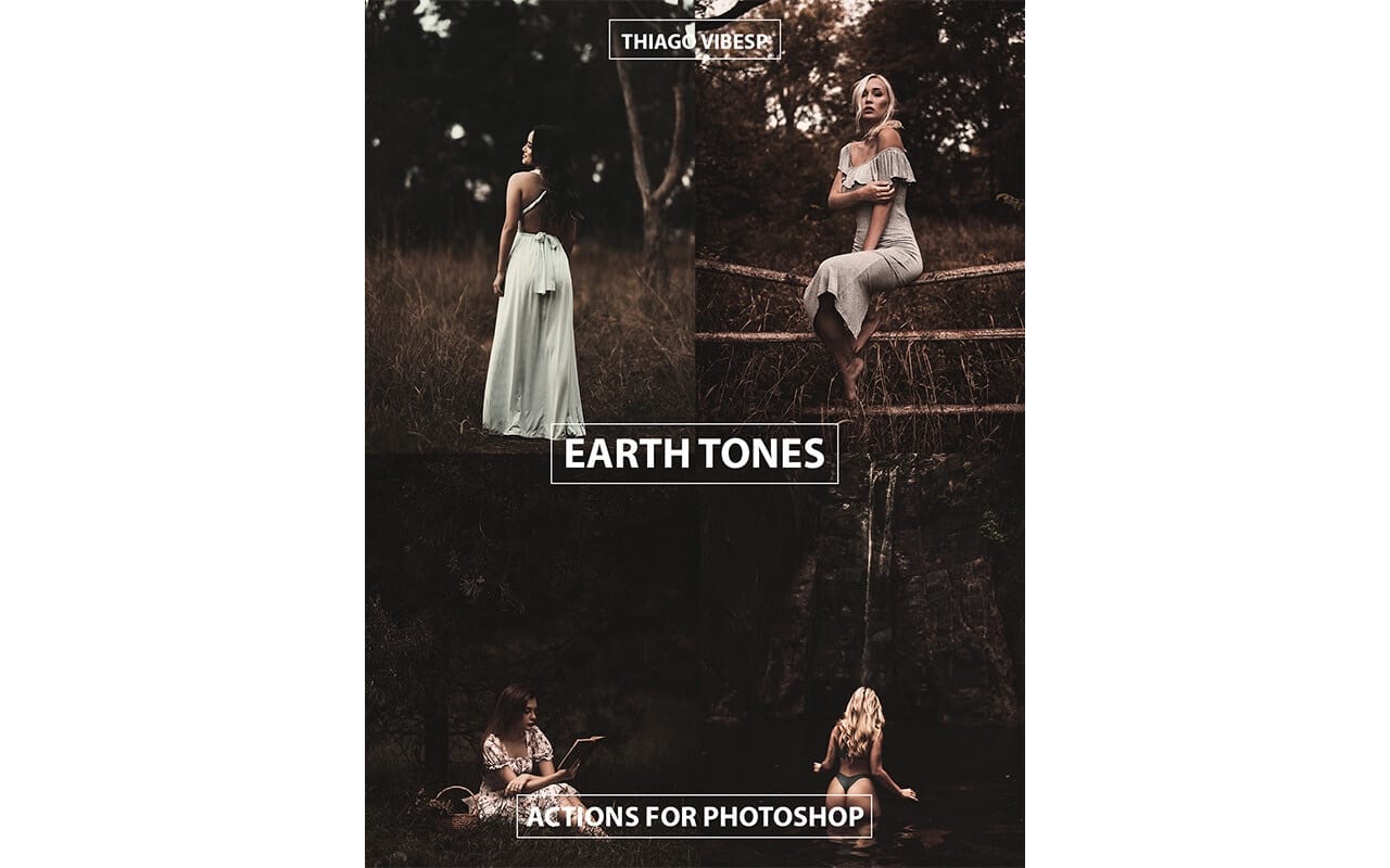 Promotional poster for Earth Tones Photoshop actions and 21 HTML website templates showing women in outdoor scenes