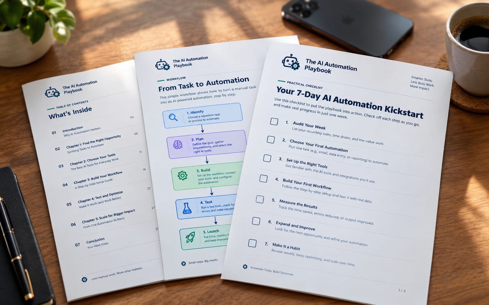 Three pages of The AI Automation Playbook guide on a wooden desk with icons and checklists