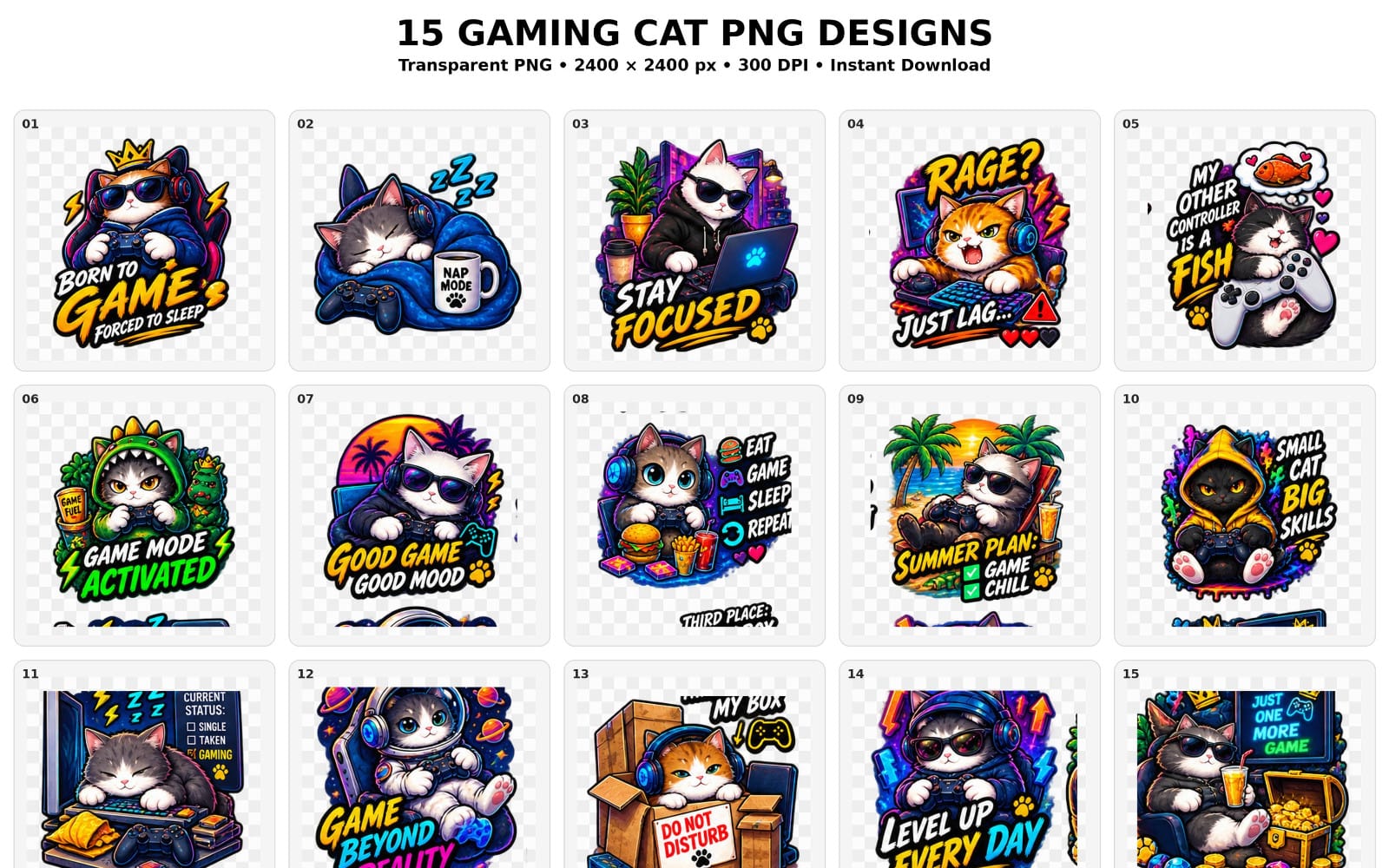 15 Gaming Cat PNG Bundle – Funny Gamer Cat Designs
