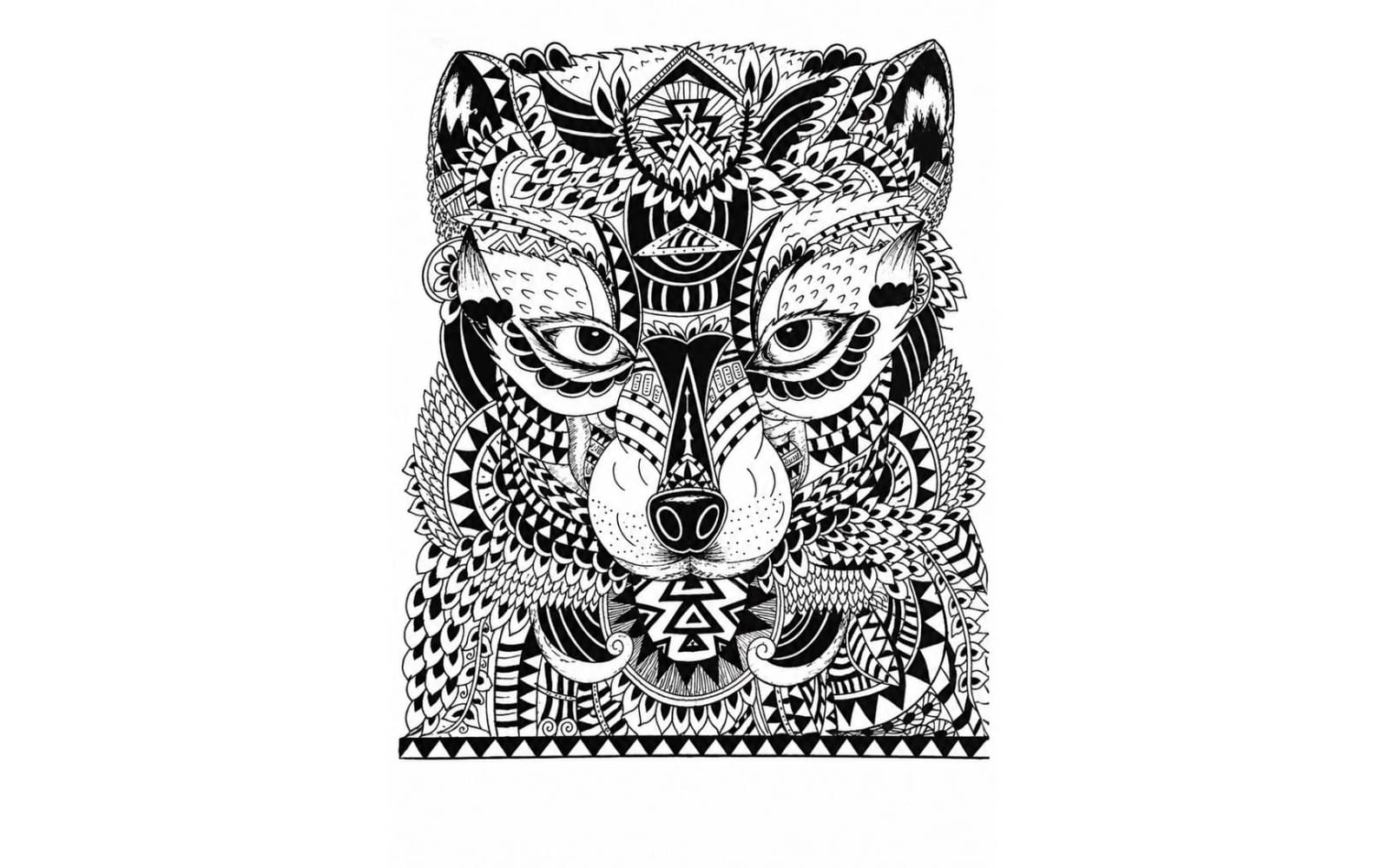 Hand-drawn black and white zentangle style wolf portrait with intricate patterns and symmetrical linework