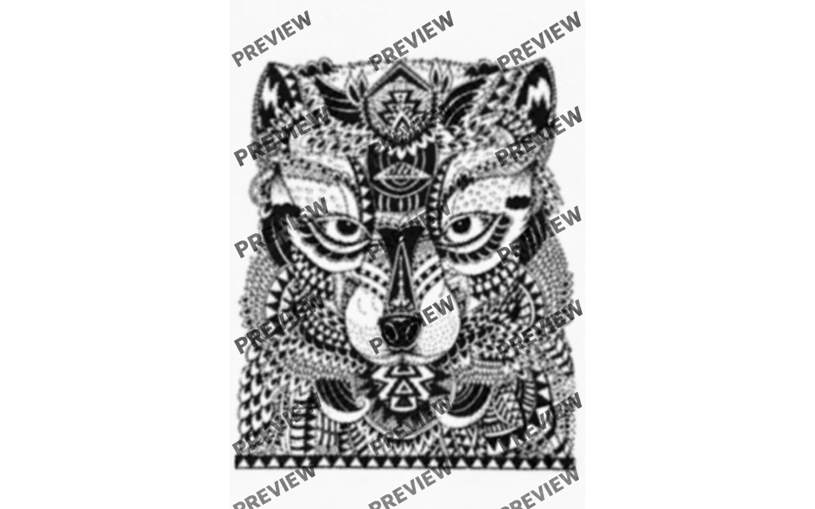 Black and white hand-drawn Zentangle wolf face ink illustration with intricate dot and line patterns