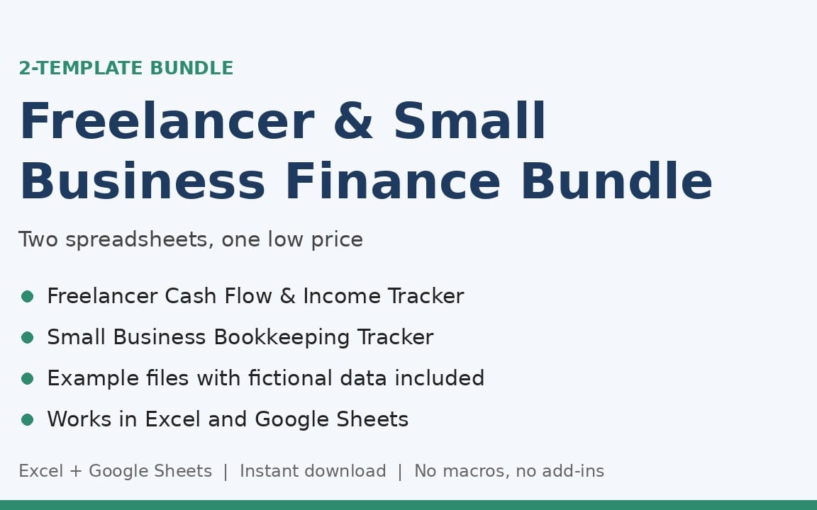 Freelancer & Small Business Finance Bundle product banner listing two finance spreadsheet trackers