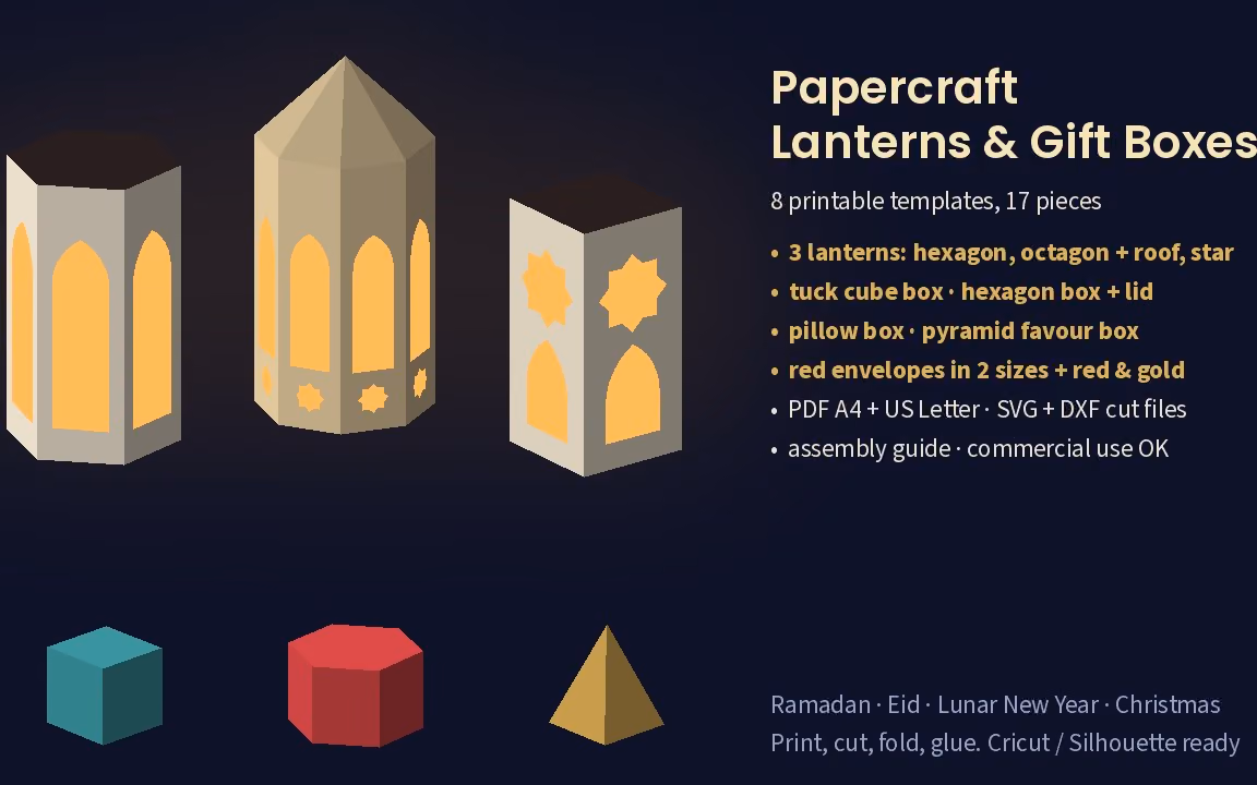 Set of papercraft lantern and gift box template designs with glowing candle shapes and red envelope boxes on a preview