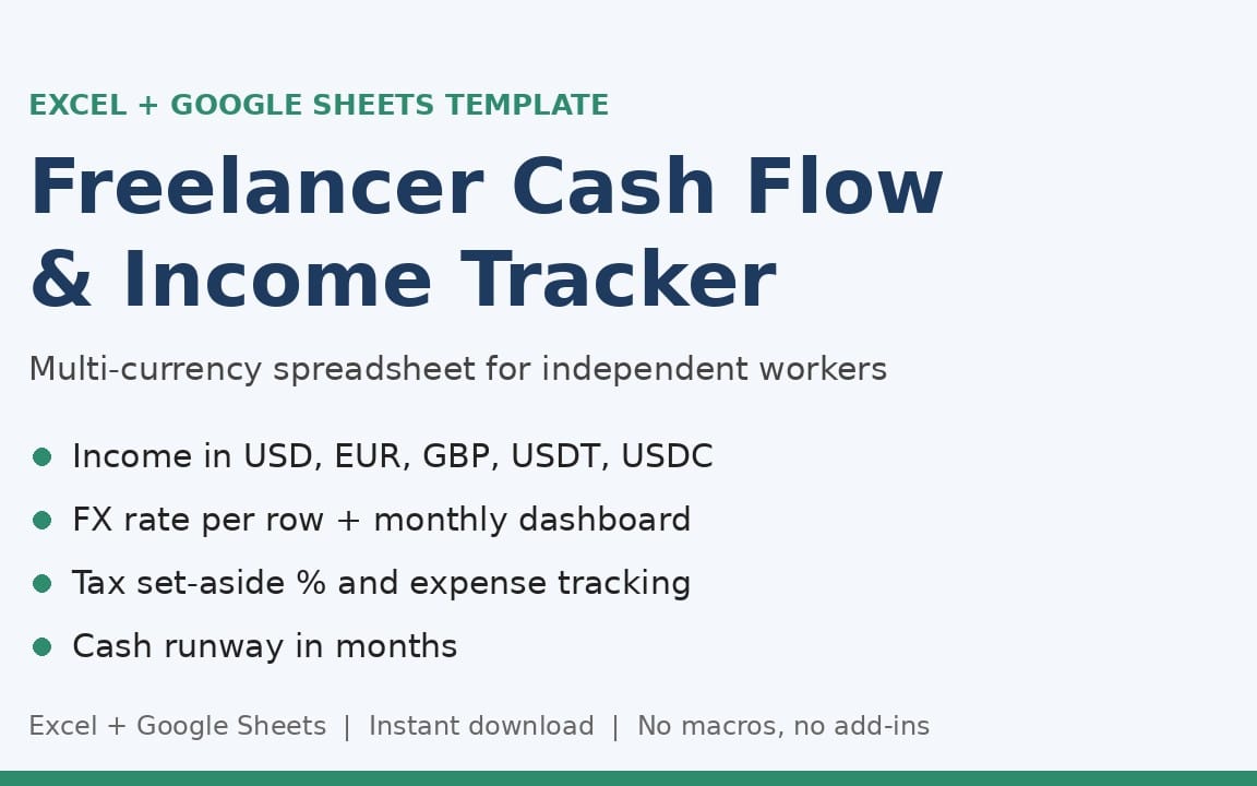 Freelancer cash flow and income tracker spreadsheet template with multi-currency and dashboard features shown on a