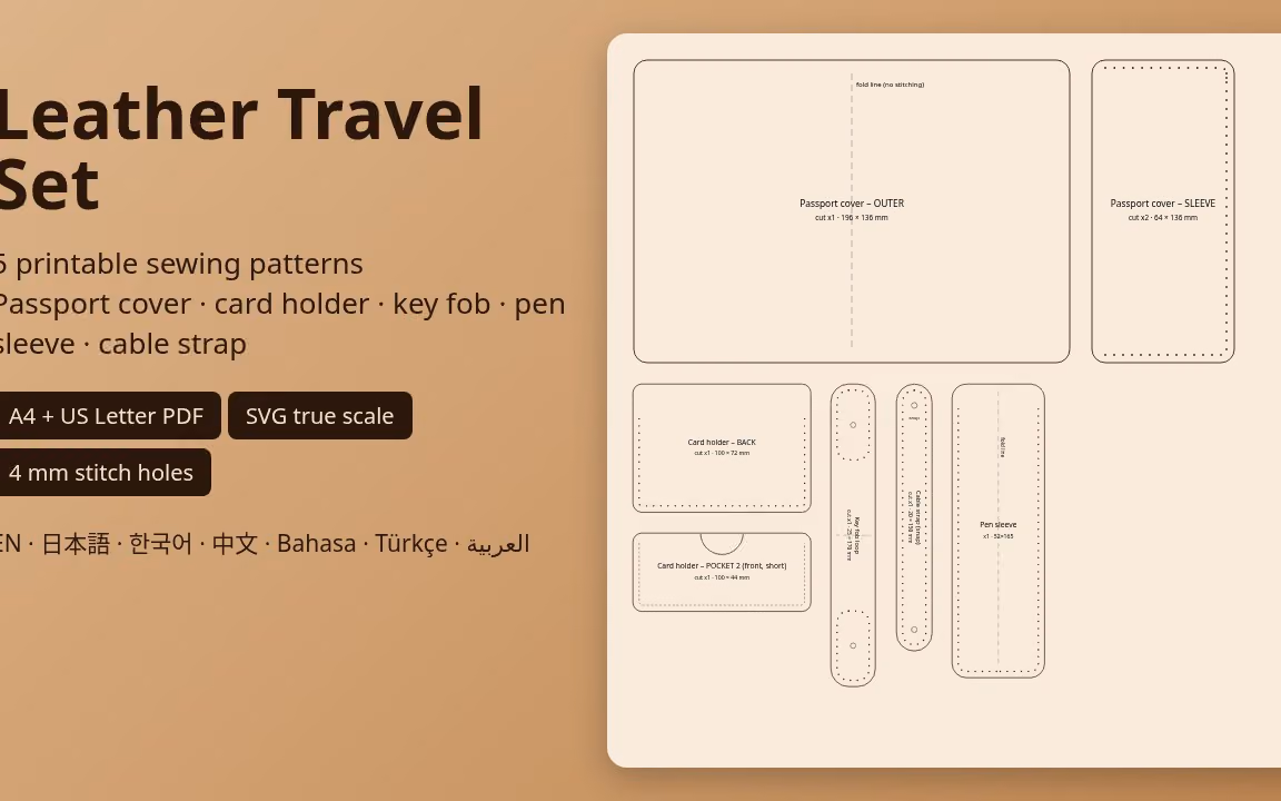 Leather travel set printable PDF sewing pattern sheets showing passport cover, card holder, key fob, pen sleeve, cable