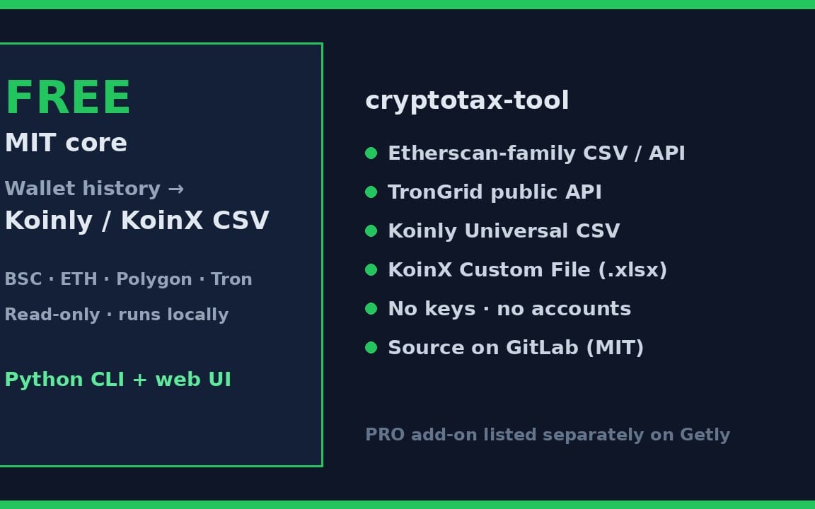 Cryptotax-tool FREE MIT core interface listing wallet history to Koinly KoinX CSV options and supported APIs