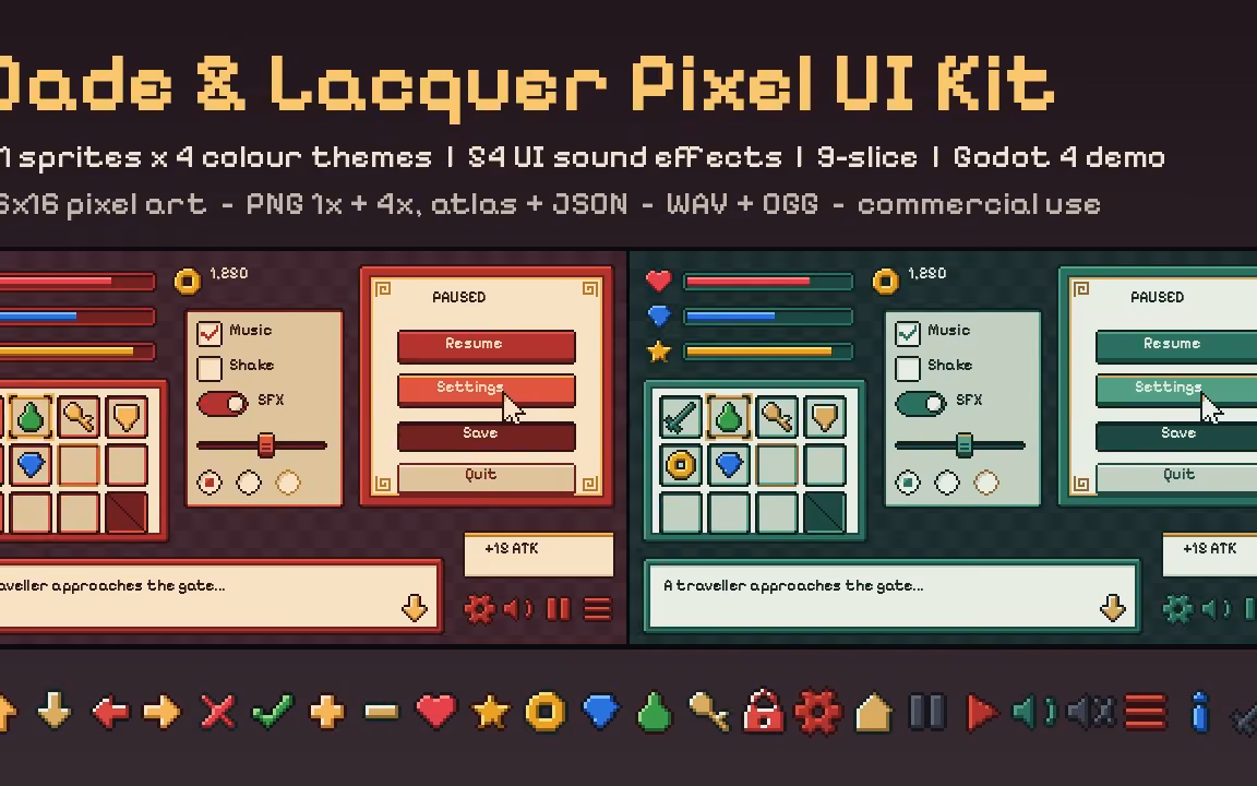 Pixel UI kit preview showing jade and lacquer themed game menus, buttons, icons, and HUD frames with sound effects
