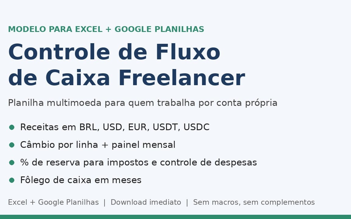 Capa de modelo de planilha para controle de fluxo de caixa de freelancer multimoeda em Excel e Google Planilhas