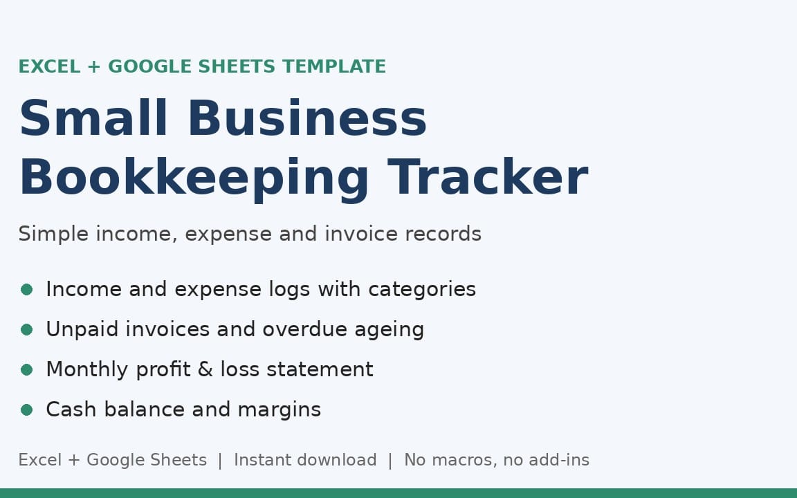 Small business bookkeeping tracker template for Excel and Google Sheets with income, expense, invoice, and monthly P&L