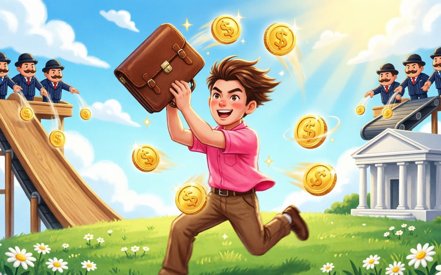 Cartoon boy running through a meadow with a briefcase and floating gold coins in a 2D game illustration