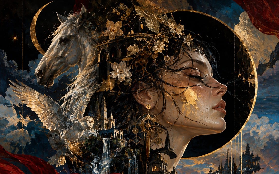 Surreal fantasy painting of a woman with golden floral crown, winged horse, and glowing cathedral cityscape