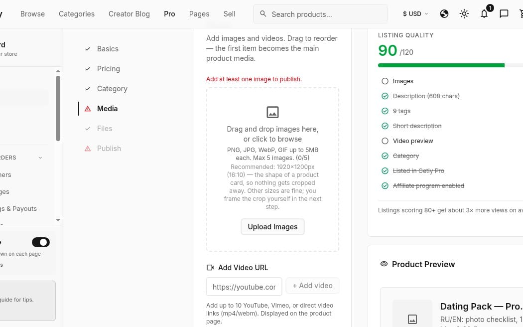 Dashboard screenshot showing product listing setup for a dating profile bio and first messages digital pack