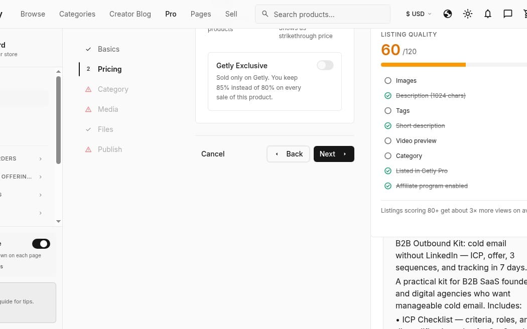 A B2B outbound kit listing page with text about cold email sequences and ICP tracking checklist