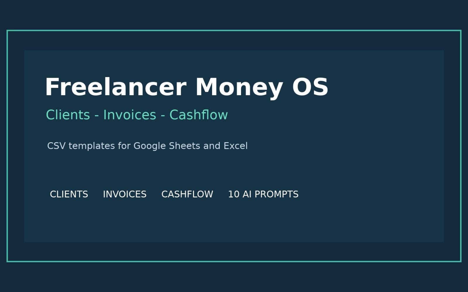 Freelancer Money OS digital product cover with text for clients, invoices, cashflow and spreadsheet CSV templates