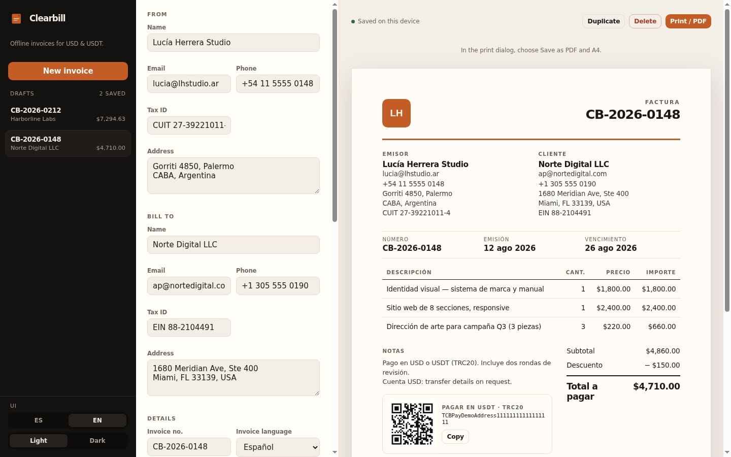 Clearbill - Offline USD and USDT invoices (ES/EN)
