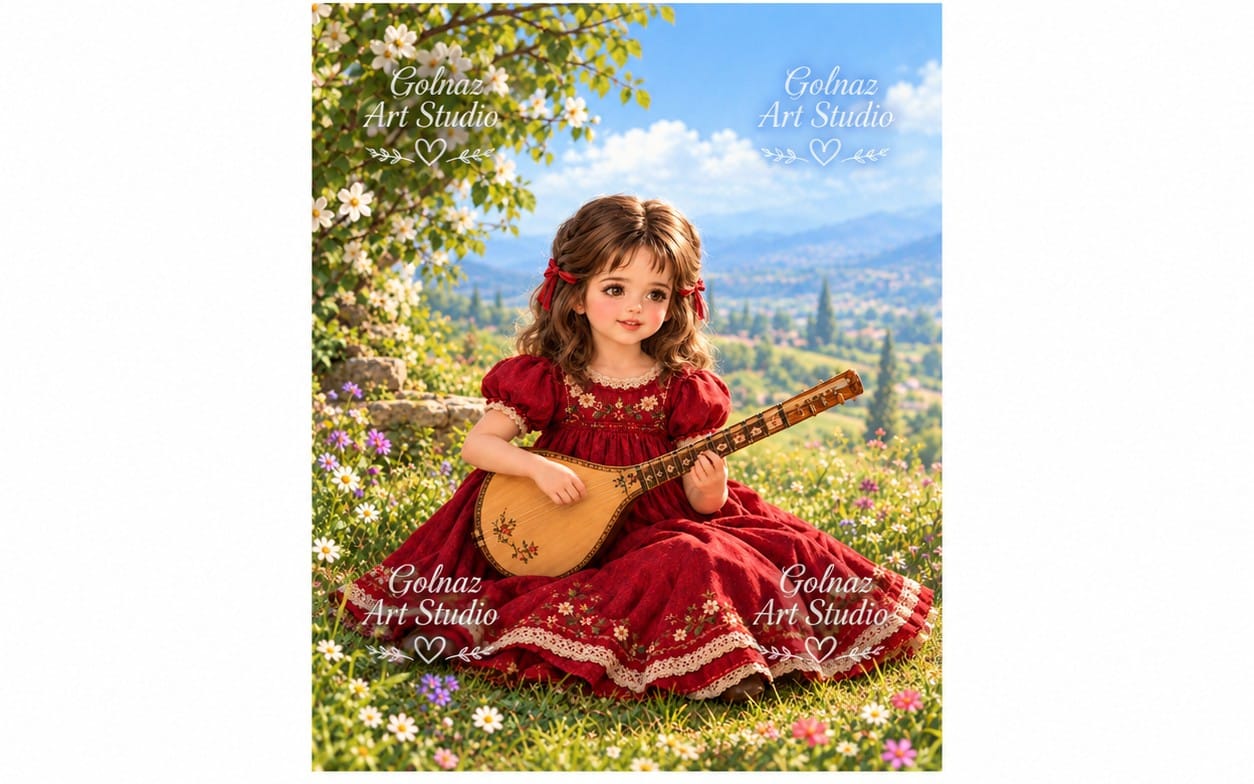 Hand-drawn fantasy girl in a red dress playing a lute in a flower garden digital art background with landscape