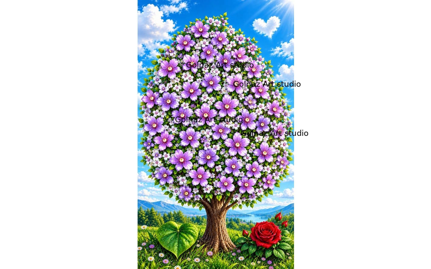 Hand-drawn fantasy floral tree artwork with purple blossoms and a red rose on a meadow sky background